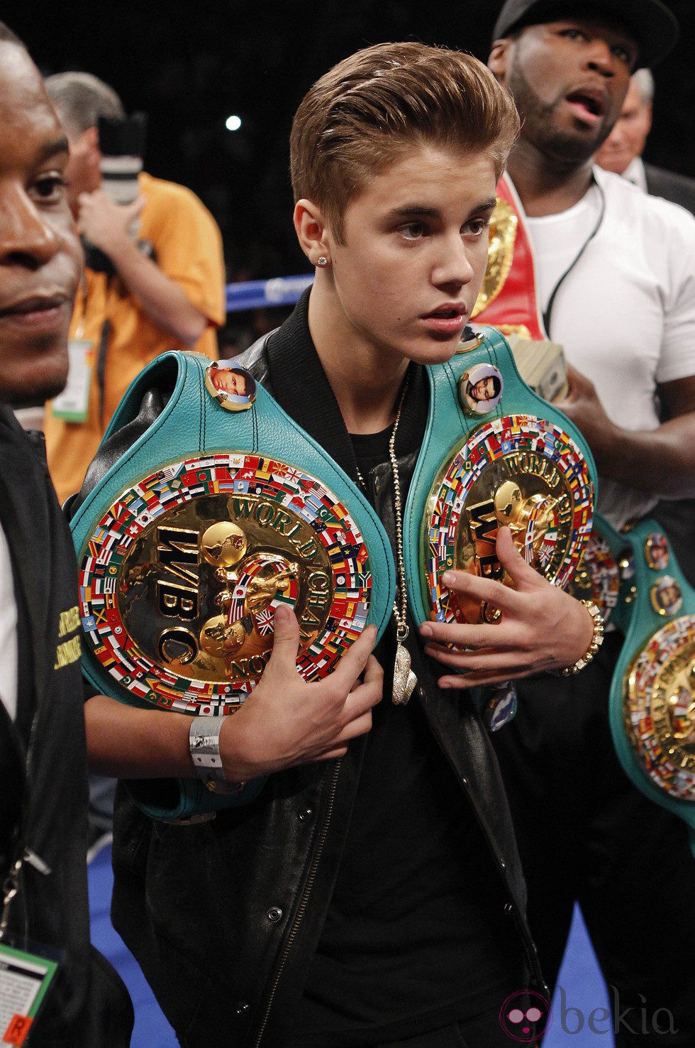 Justin Bieber en la pelea de boxeo de el Grand Garden Arena de Las Vegas