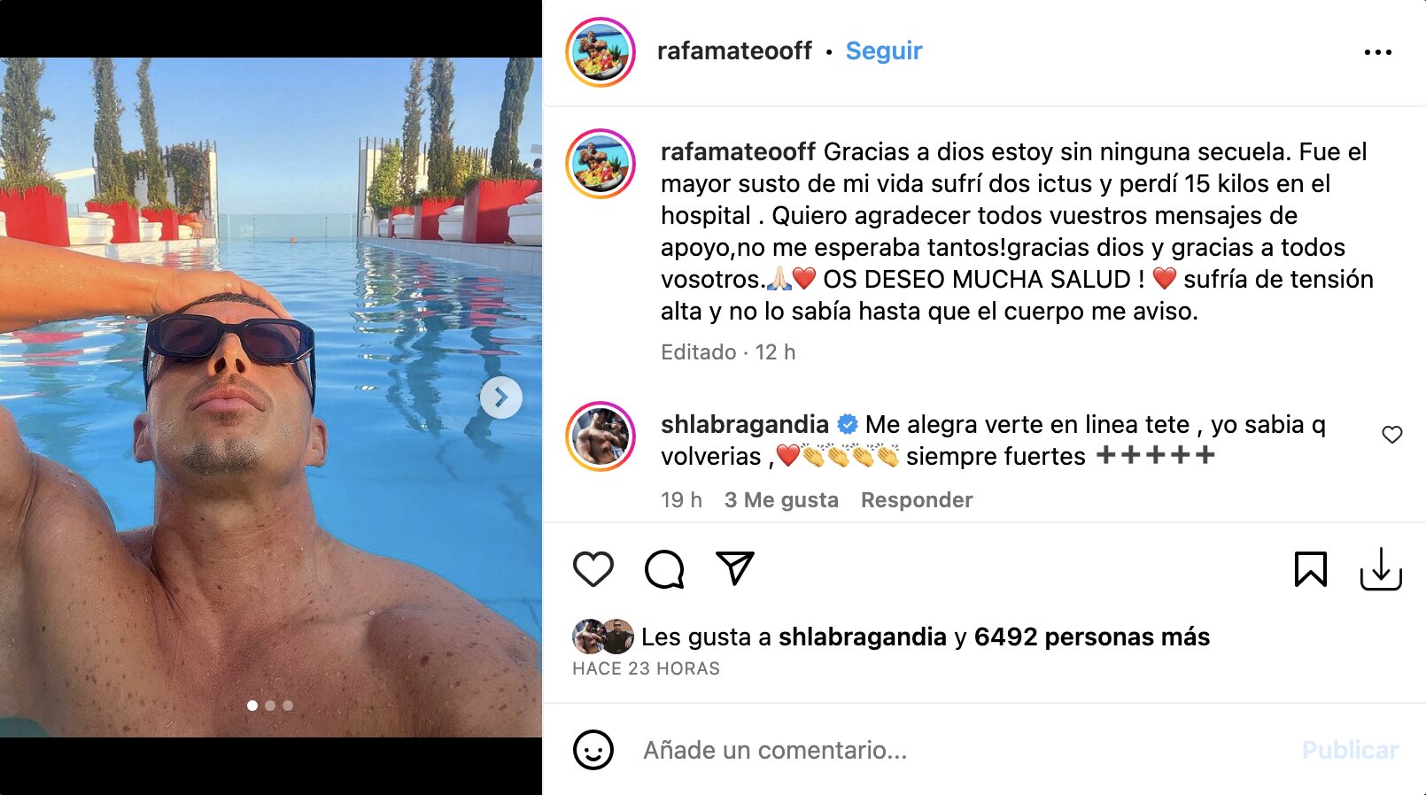 Rafa Mateo sufrío dos ictus en cuestión de días | Foto: Instagram