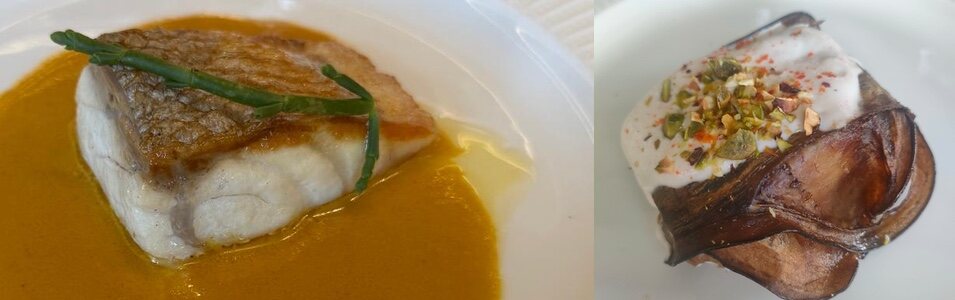 Lubina asada con caldo especiado y cordero en dos cocciones con berenjena ahumada