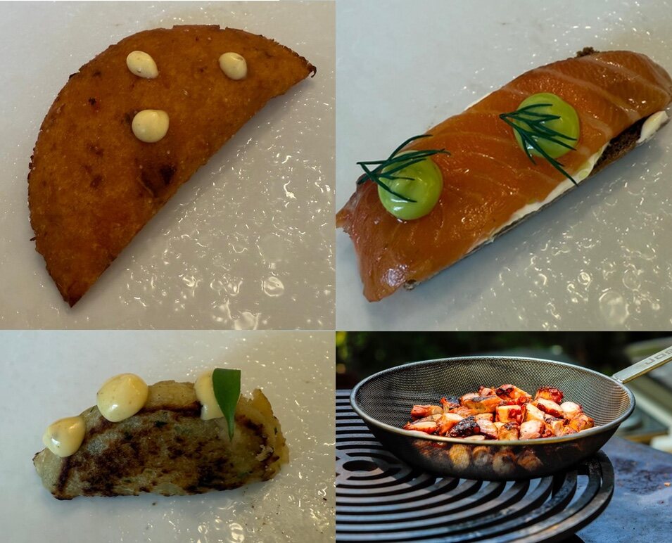 Miniempanadilla de cordero especiado, bocado de salmón, pulpo a la brasa y minicrab cake