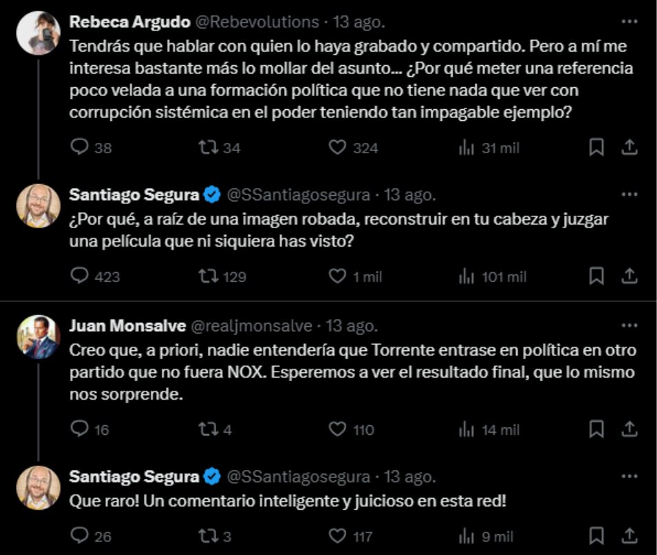 Comentarios usuarios de Twitter (X) y respuestas de Santiago Segura | Foto: Twitter