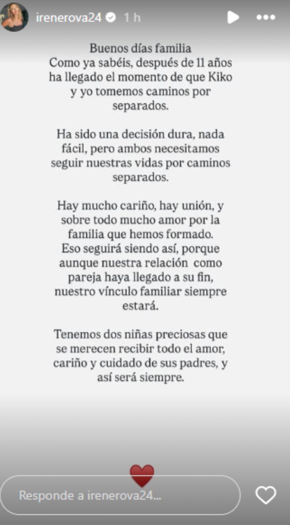 Comunicado de Irene Rosales en las historias de Instagram | Foto: Instagram