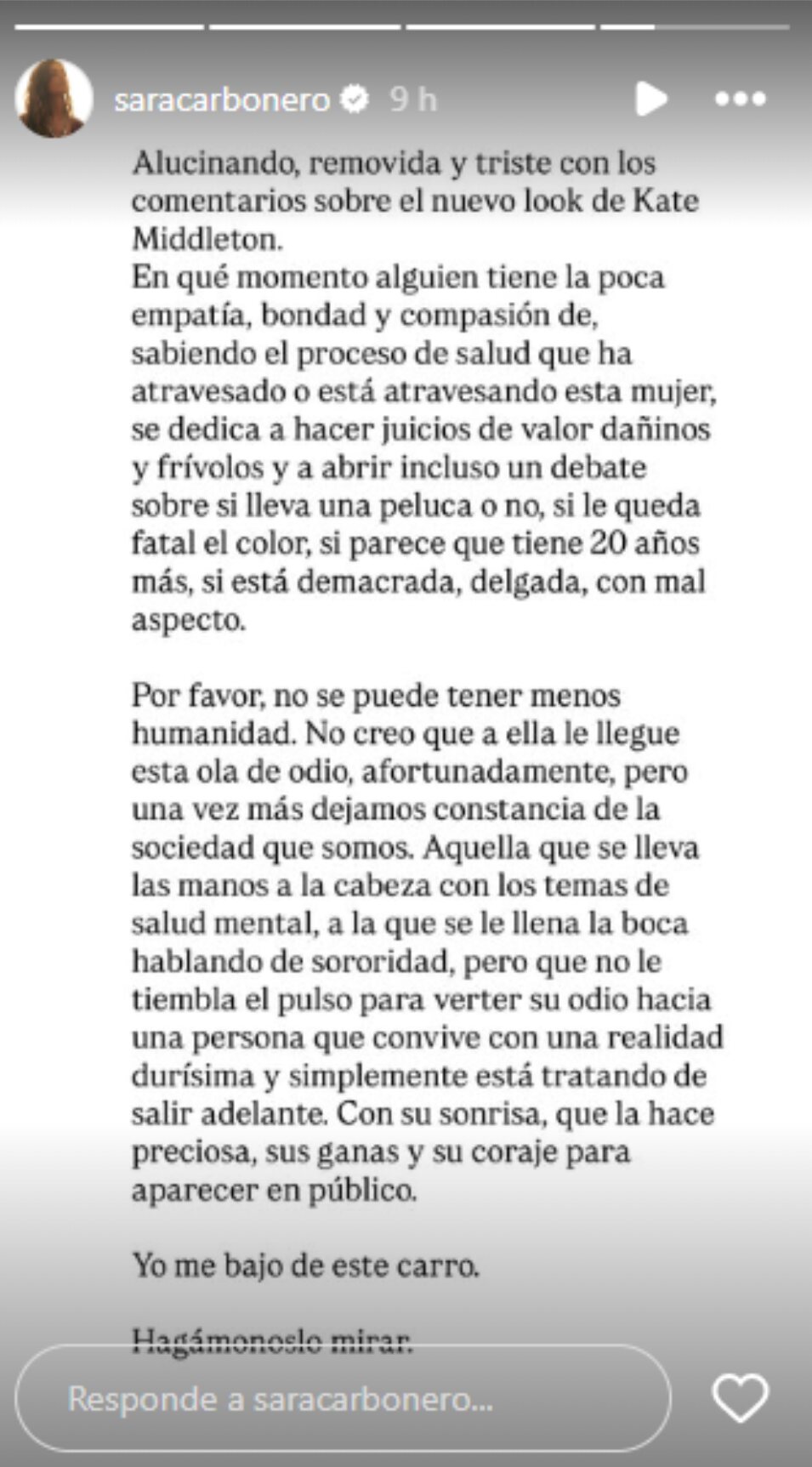 Mensaje en las historias de Instagram de Sara Carbonero defendiendo a la Princesa de Gales | Foto: Instagram