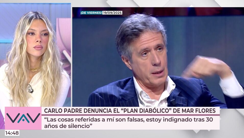Carlo Costanzia padre en la entrevista de 'De viernes' y Alejandra Rubio reaccionando | Foto: Telecinco.es