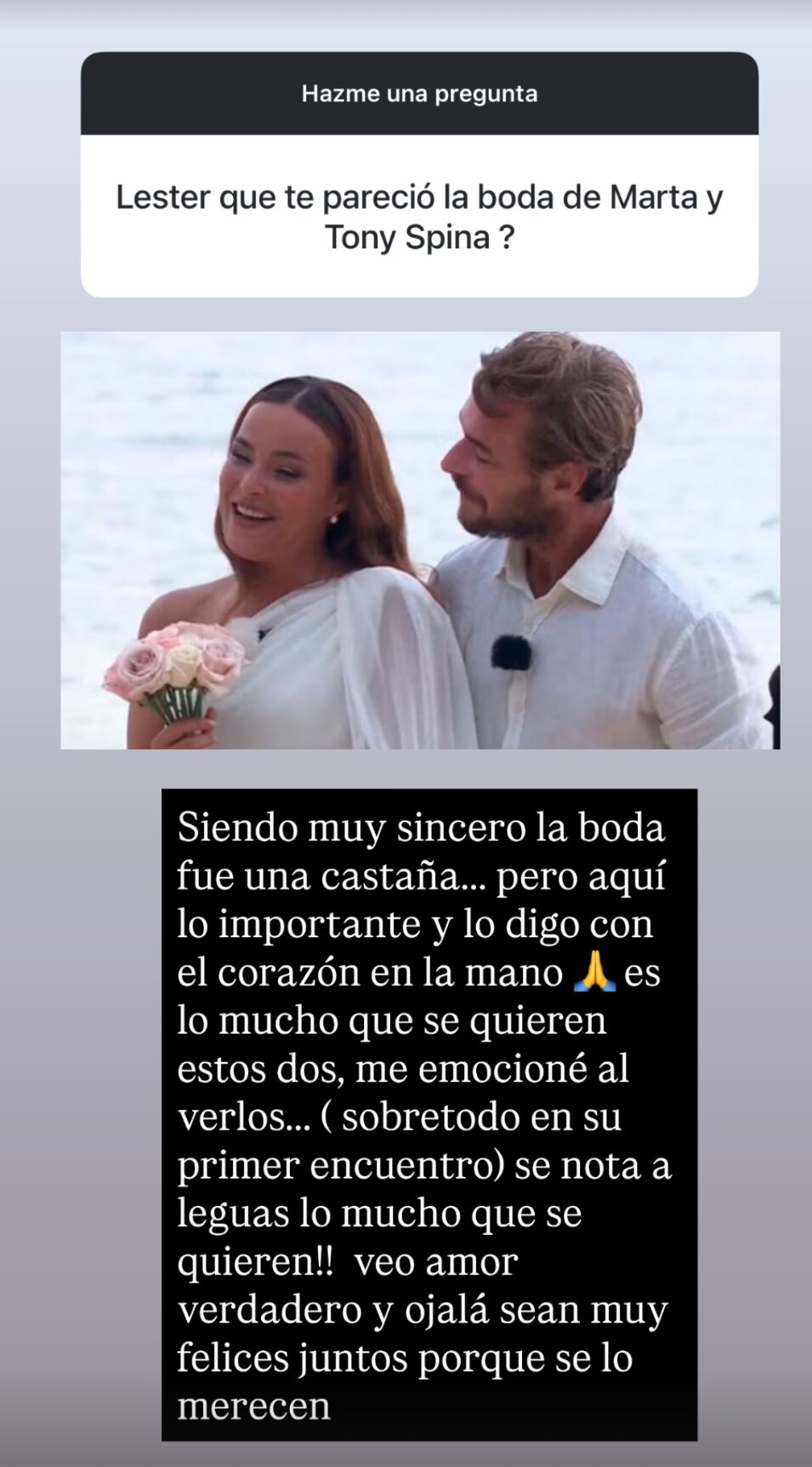 Lester Duque se pronuncia sobre la boda de Marta Peñate y Tony Spina | Foto: Instagram