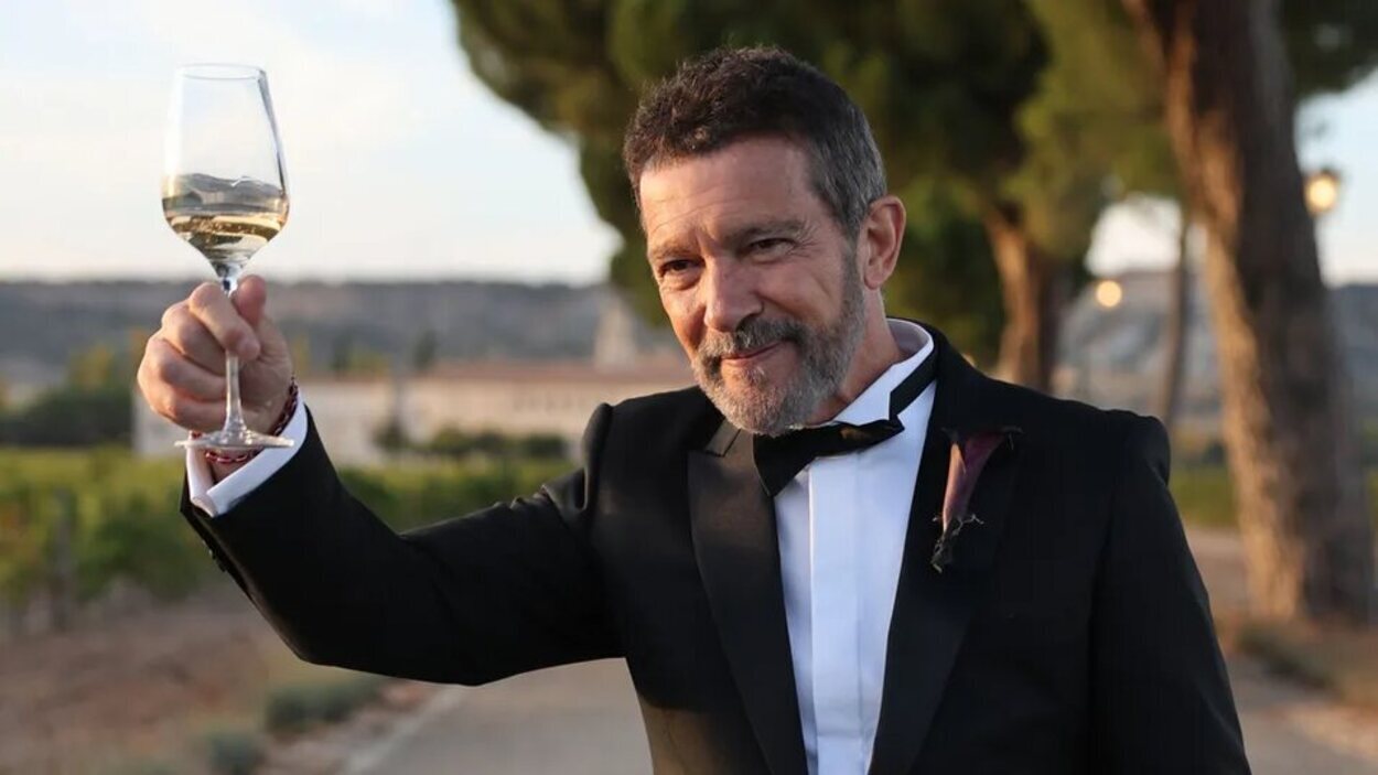 Antonio Banderas brindando junto a los medios por la boda de su hija | Foto: Telecinco.es