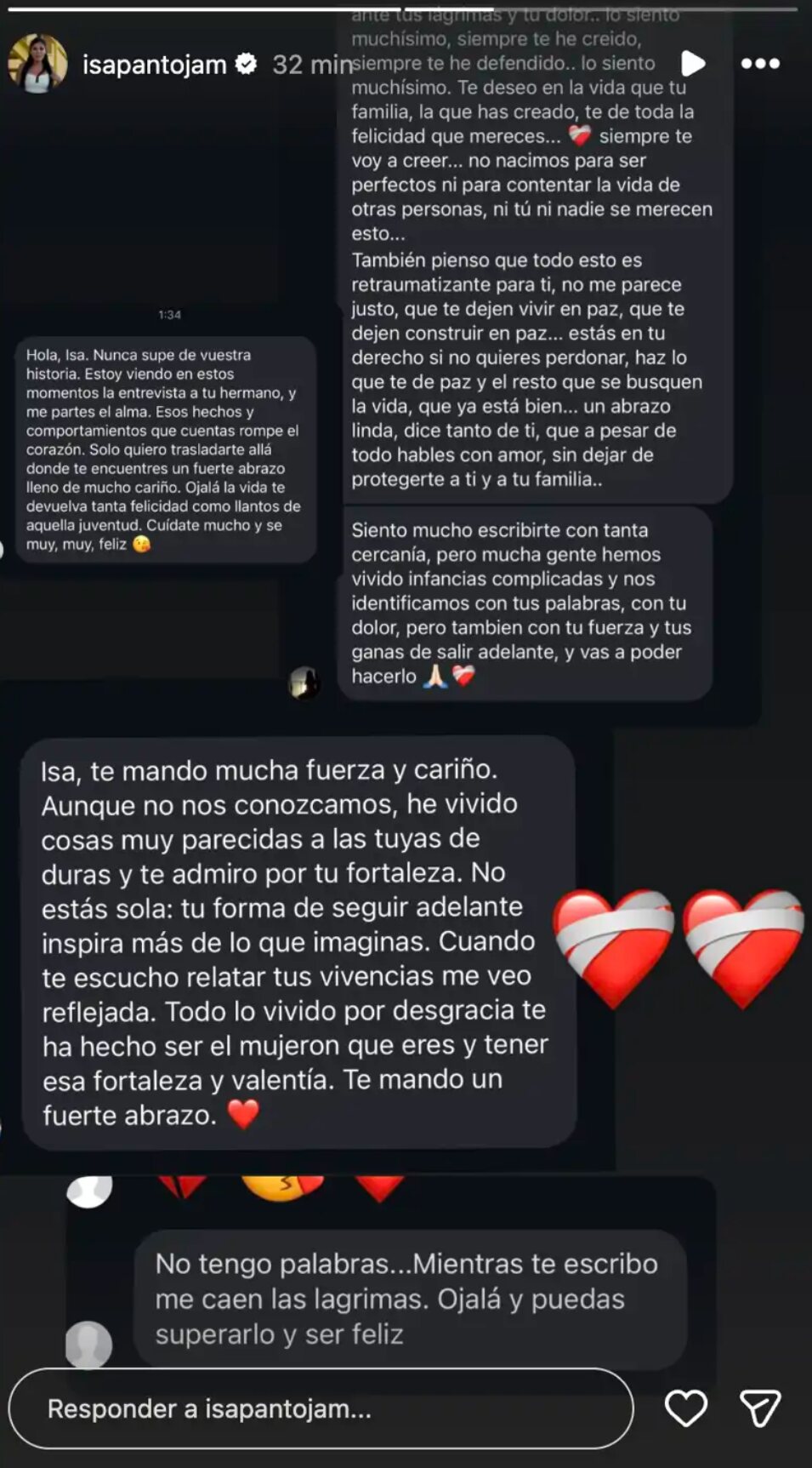 Storie de Isa Pantoja mostrando algunos de los mensajes de apoyo | Foto: Instagram