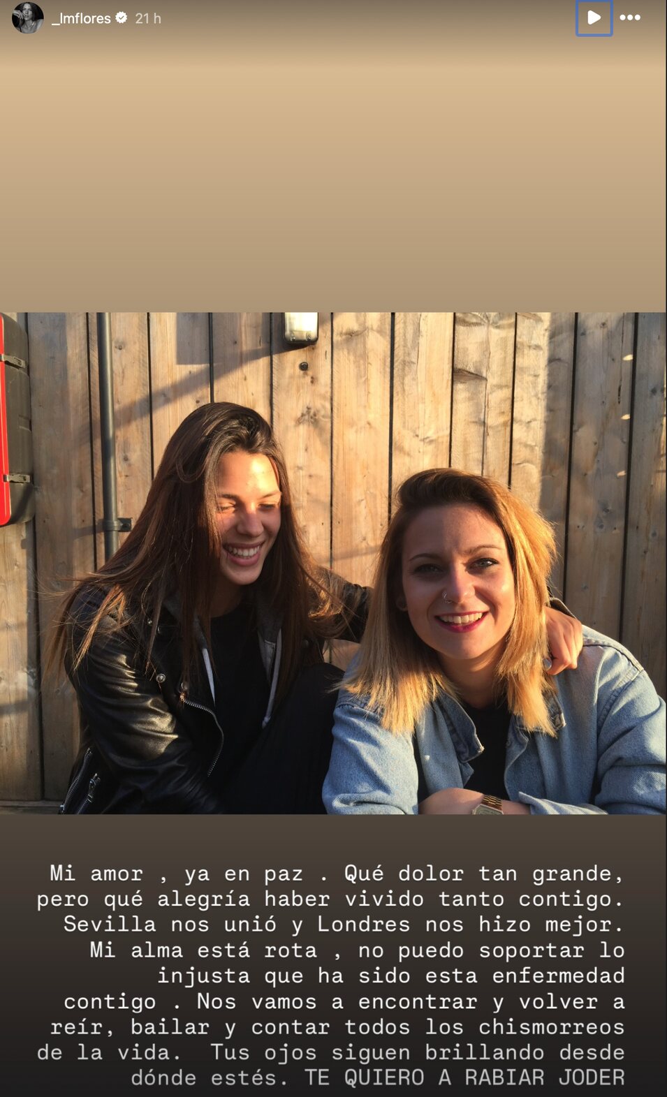 Laura Matamoros en una historia escribiendo sobre el amor que le tenía a su amiga | Foto: Instagram