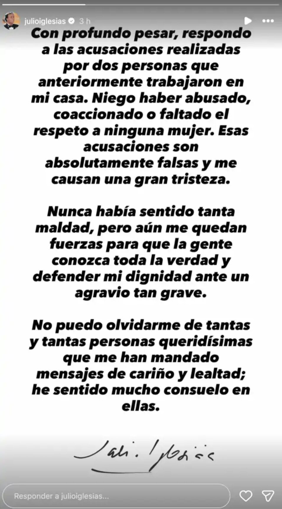 Comunicado de Julio Iglesias | Foto: Instagram