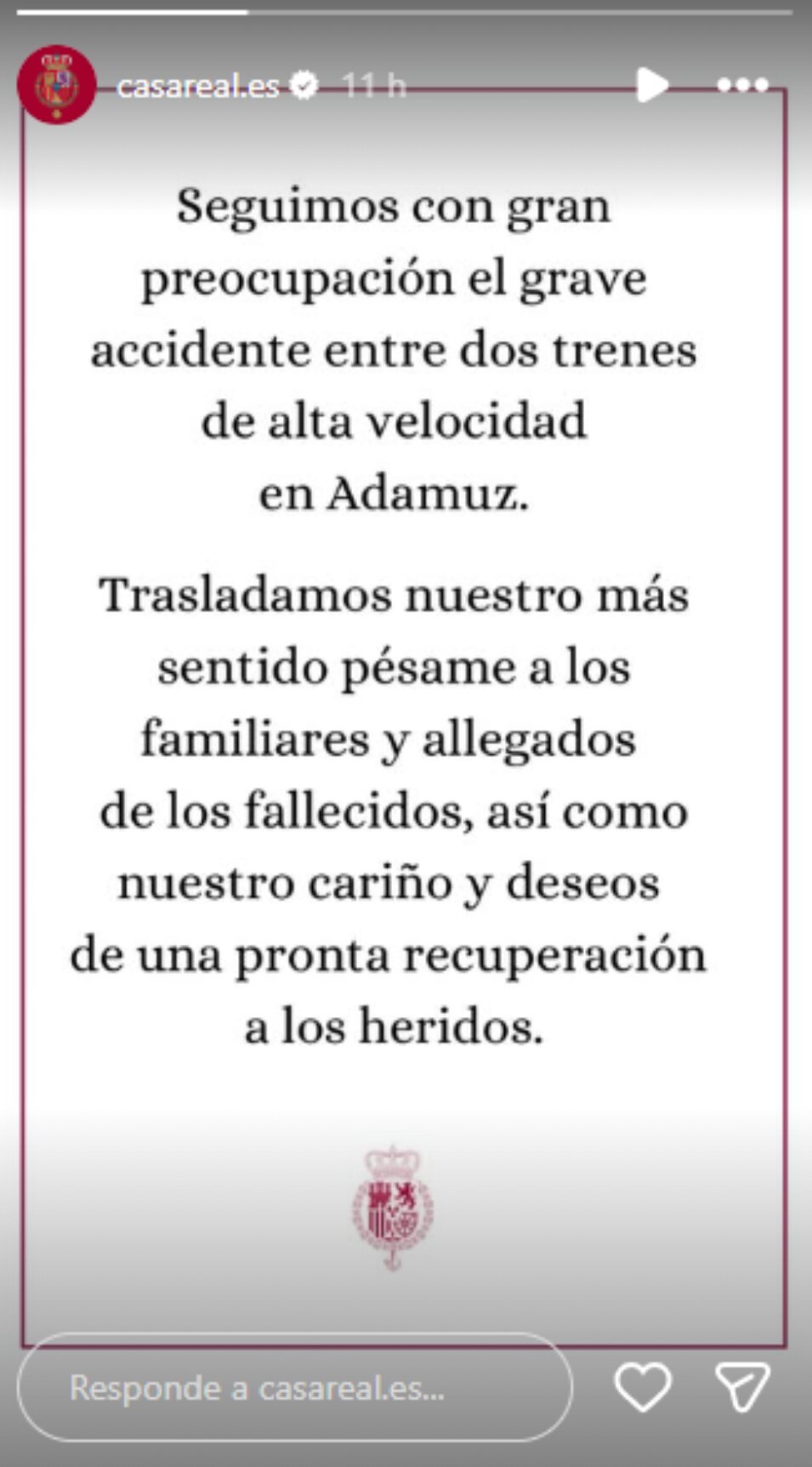 Comunicado de la Casa Real dedicado a los afectados por el accidente ferroviario | Foto: Instagram