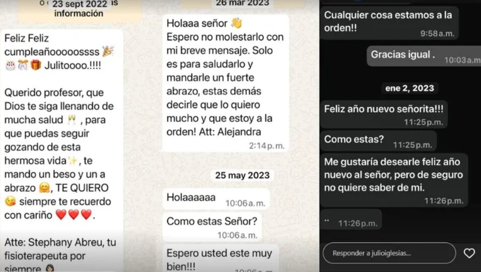 Capturas de los mensajes de las denunciantes vía stories de Julio Iglesias | Foto: Instagram
