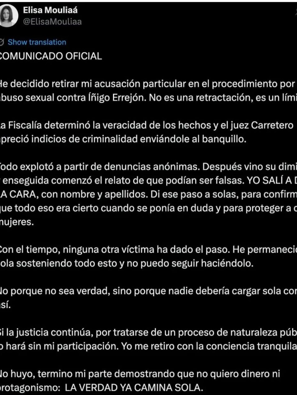 Comunicado Elisa Mouliaá de la retirada de la denuncia contra Errejón | Foto: Instagram