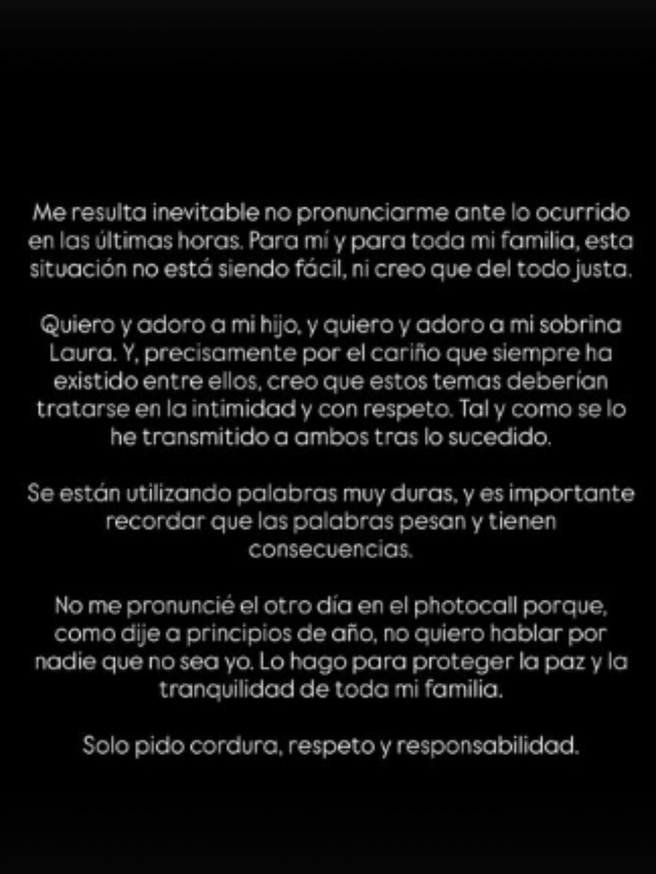 Comunicado en Instagram de Mar Flores donde se posiciona en medio | Foto: Telecinco.es