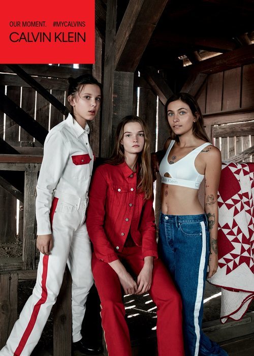 Paris Jackson, Millie Bobby Browns y Lulu Tenney posando para la colección de Calvin Klein #MYCALVINS para primavera 2018
