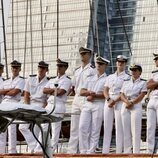La Princesa Leonor a su llegada a Nueva York con sus compañeros guardiamarinas en el Juan Sebastián de Elcano