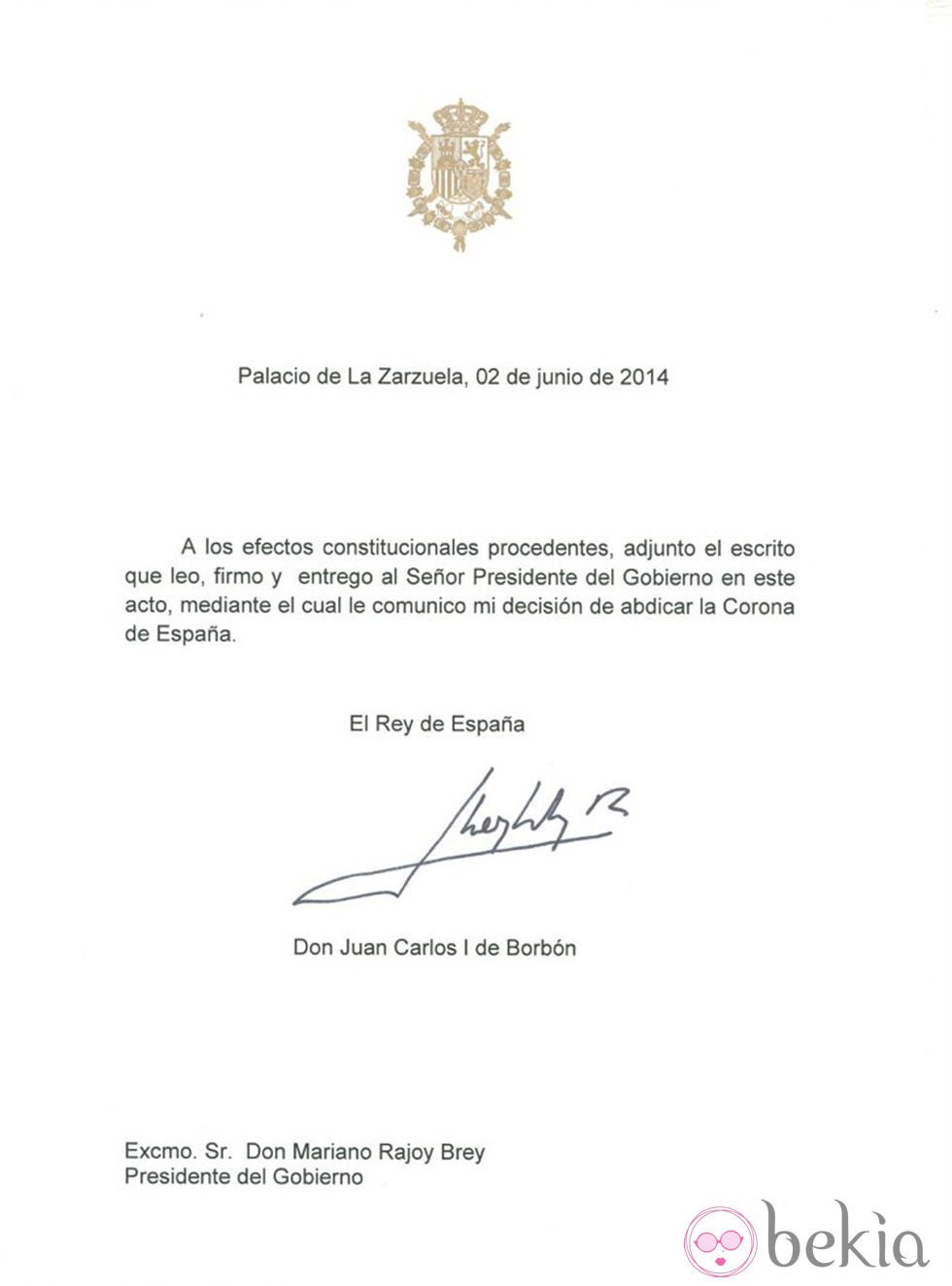 Documento con la abdicación del Rey Juan Carlos