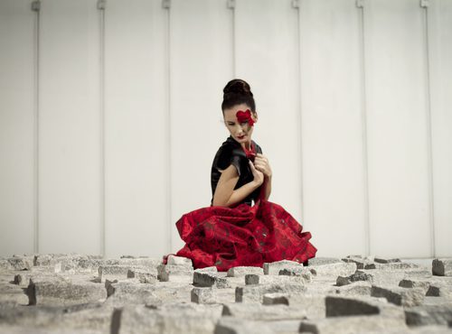 Vestido con cintura marcada con estampado de rosas rojas de Natalia de Lara